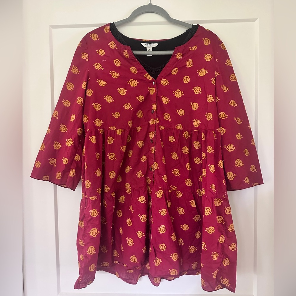 Gudrun Sjoden red and gold lagenlook button up dress/tunic